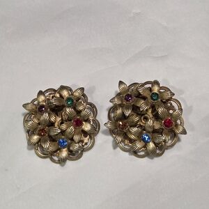 Vintage Filigree Floral Multicolored Rhinestone Clip On Statement Earrings
